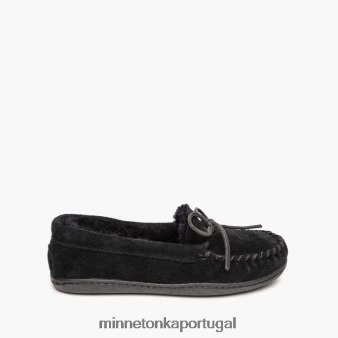 moc com sola dura de pele de carneiro mulheres Minnetonka preto XJTPV6219 calçados