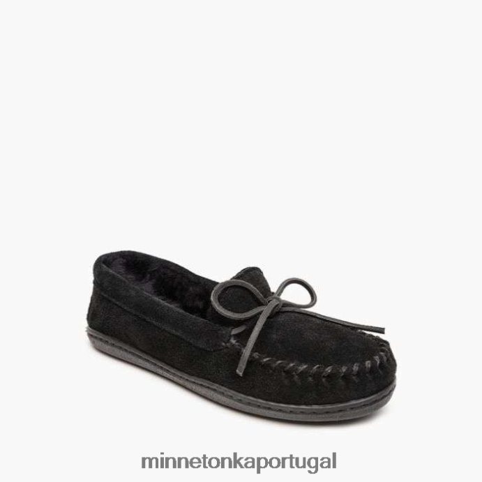 moc com sola dura de pele de carneiro mulheres Minnetonka preto XJTPV6219 calçados