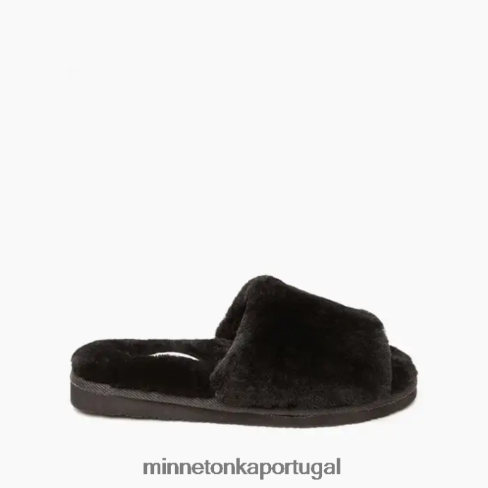slide aberto de pele de carneiro mulheres Minnetonka preto XJTPV6258 calçados