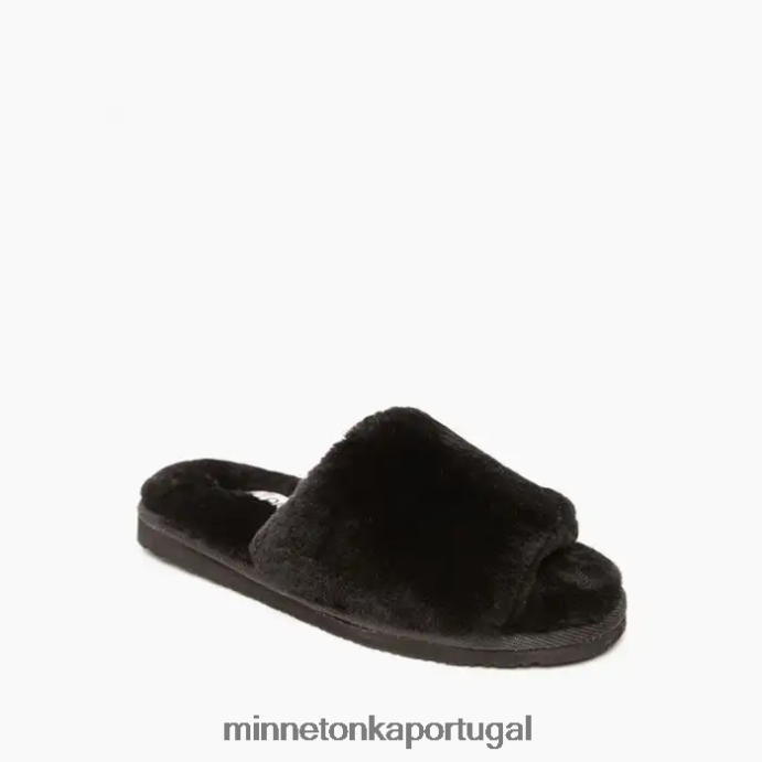 slide aberto de pele de carneiro mulheres Minnetonka preto XJTPV6258 calçados
